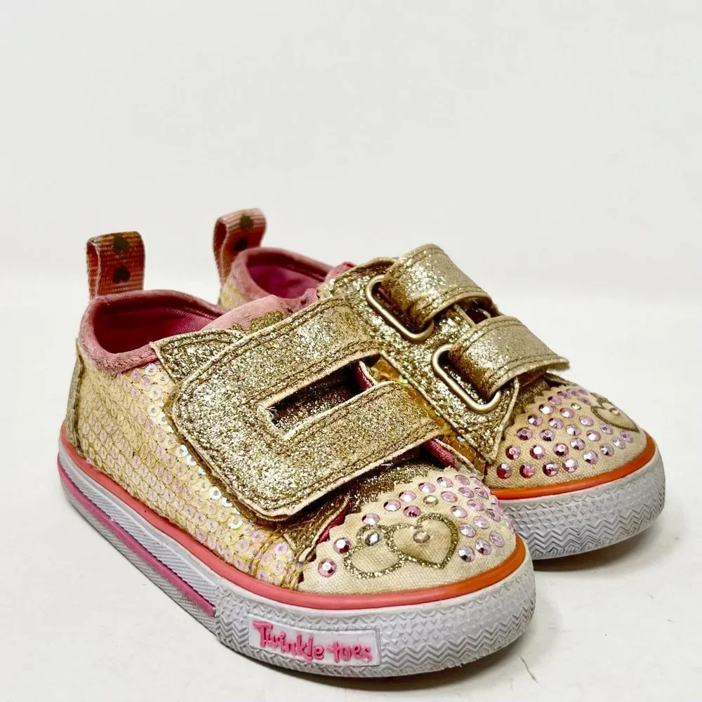 Skechers Girls Twinkle‎ Toes Pink Gold Glitter Hearts Size 5